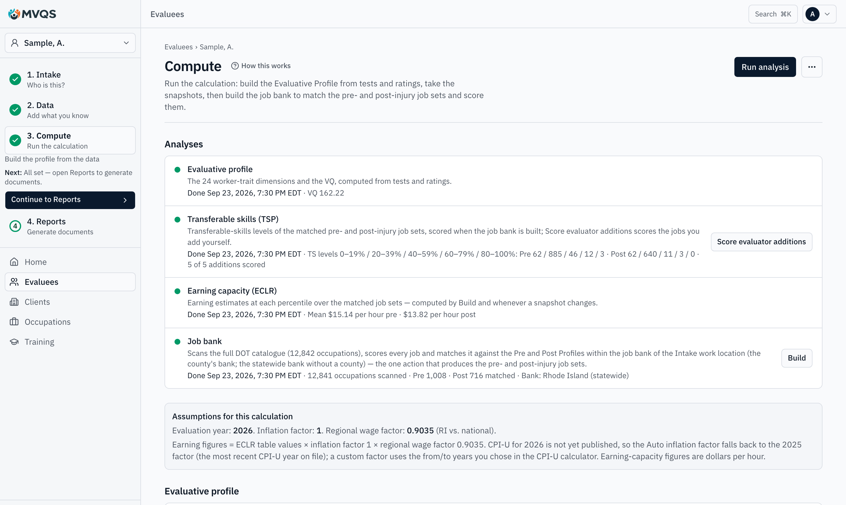 The Run the calculation step in MVQS Online: a sample evaluee's worker-trait profile and job-match results