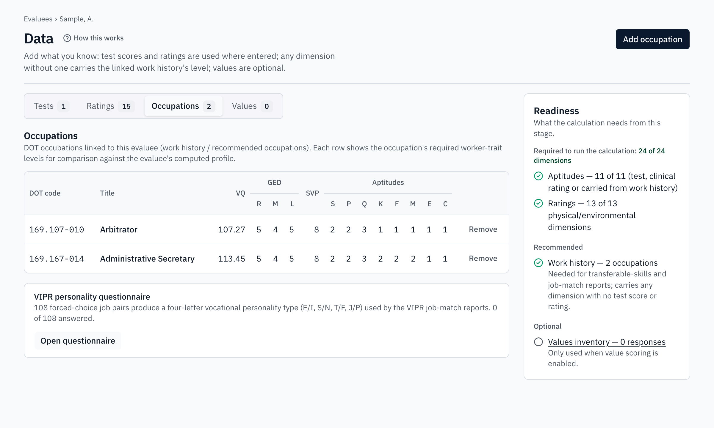 The data step: work-history occupations and test-score entry for the sample evaluee
