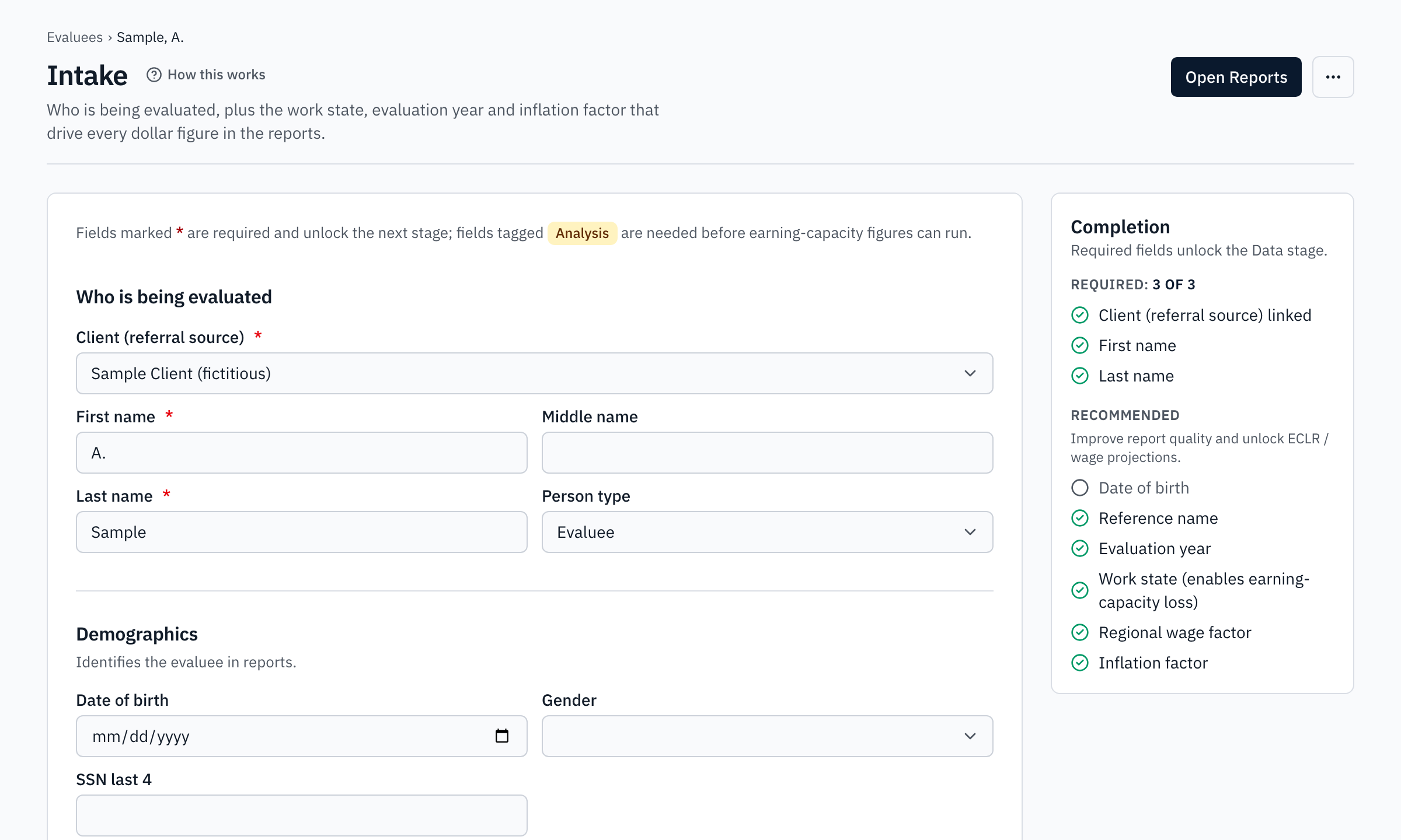 The intake step: evaluee identity, referral and case fields with the completion checklist