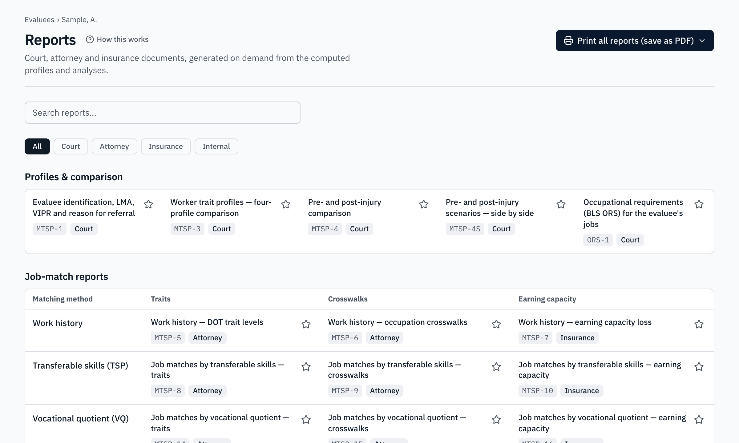 The documents step: the report catalog grouped by court, attorney and insurance audiences